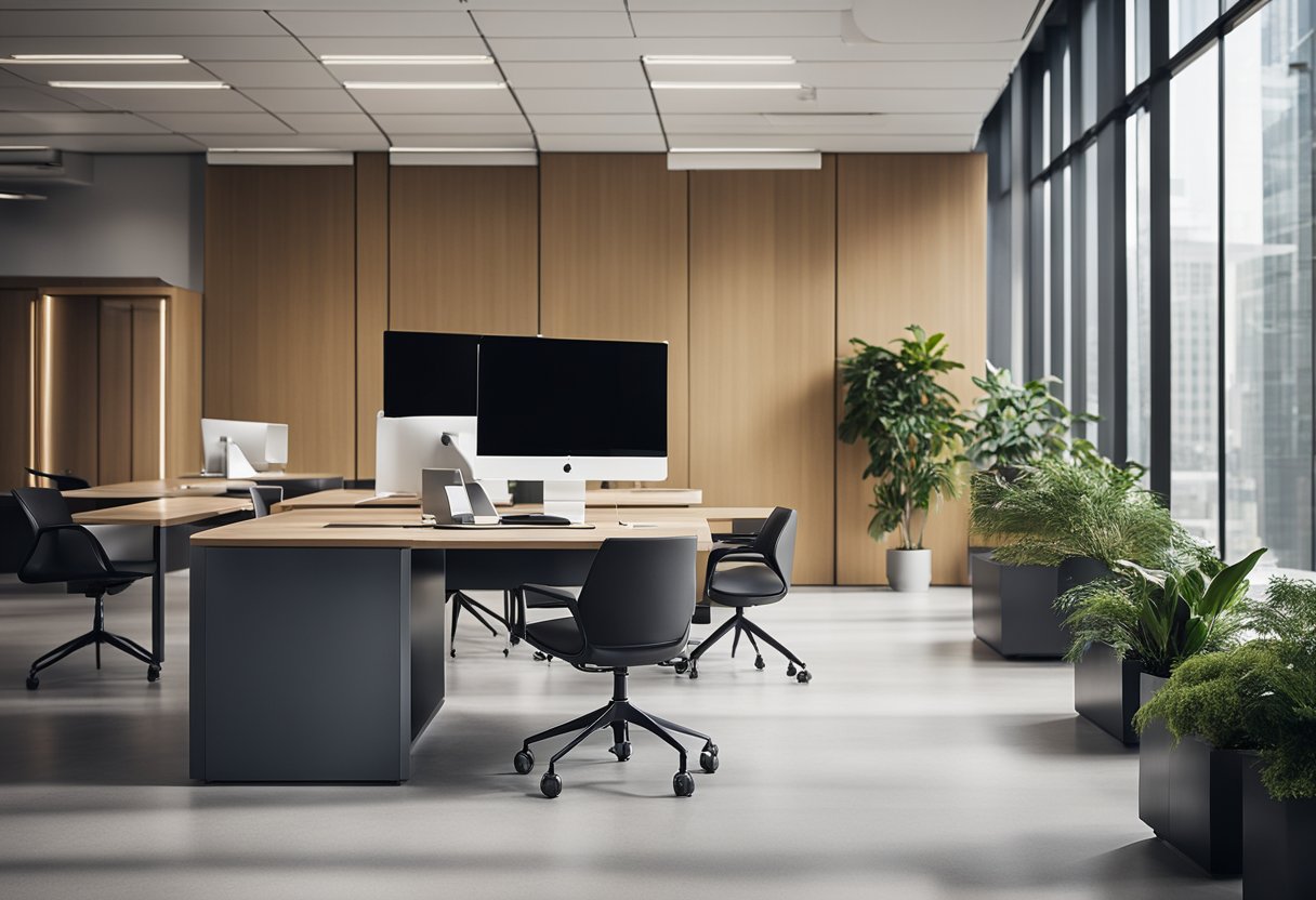 A modern corporate office with sleek furniture, large windows, and a minimalist color scheme. The space is bright and spacious, with plants and artwork adding a touch of warmth