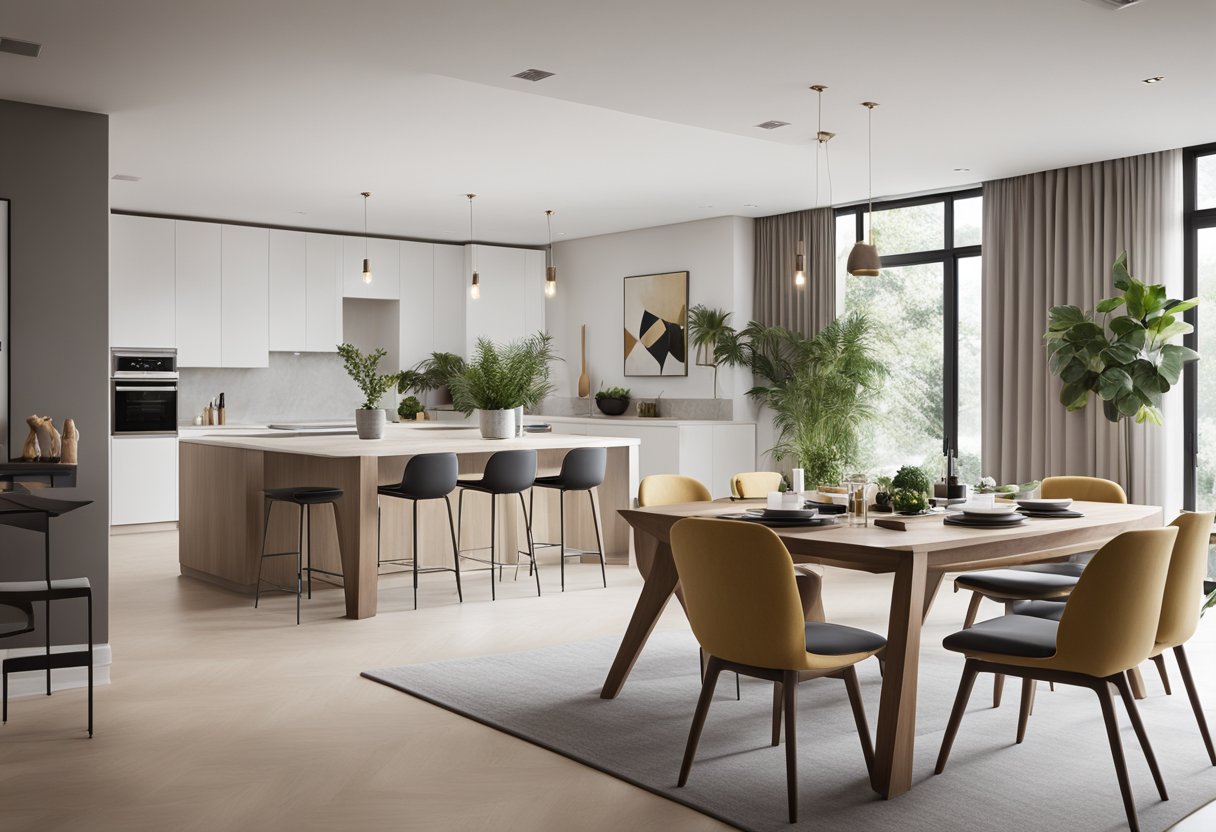 A spacious, modern interior with clean lines, natural light, and minimalist furniture. A neutral color palette with pops of vibrant accent colors. Open floor plan with a seamless flow between living, dining, and kitchen areas