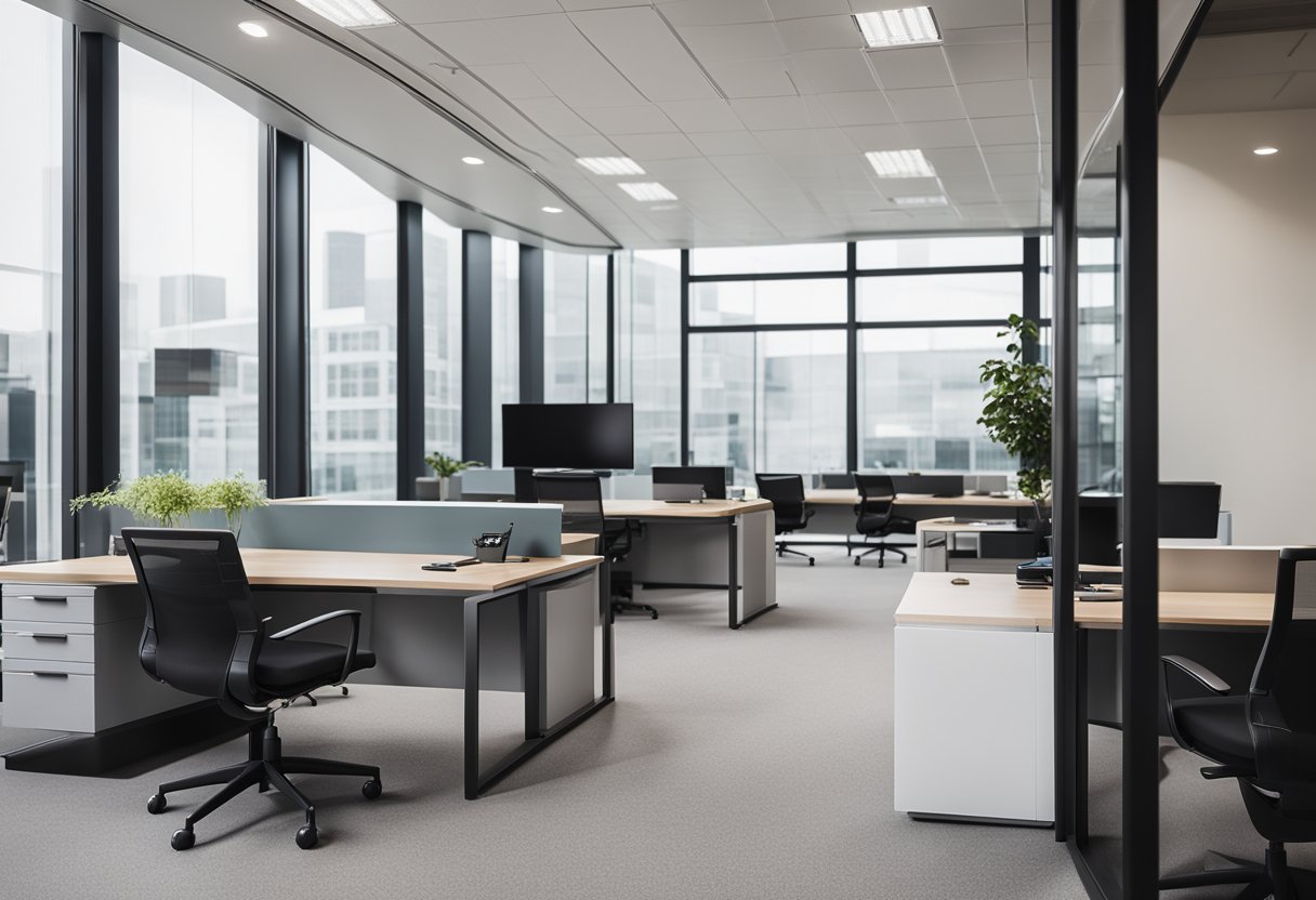A modern corporate office with sleek furniture, clean lines, and a neutral color palette. Large windows allow natural light to flood the space, highlighting the minimalist yet functional design