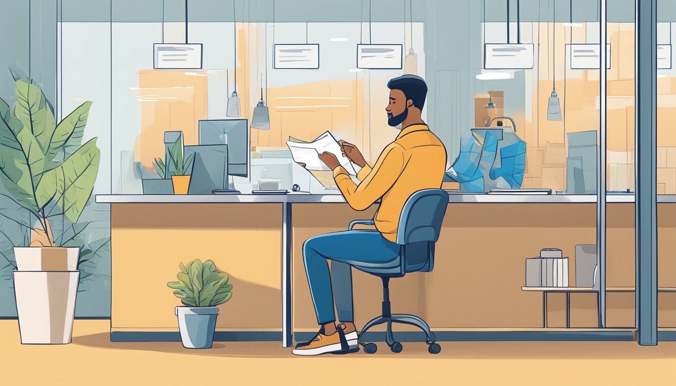 A person with a low credit score sits in a bank, looking at loan options. The banker explains different personal loan choices for bad credit