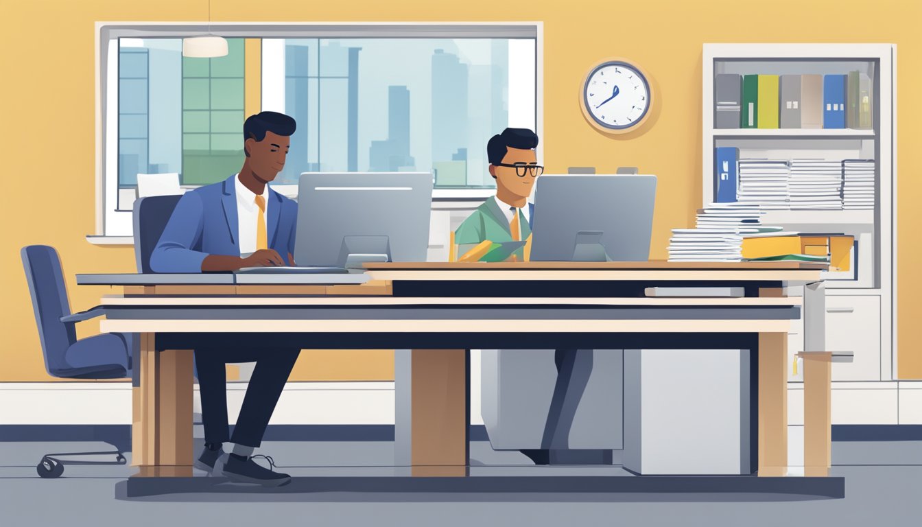 A person filling out a loan application form at a bank desk. Papers, pens, and a computer are visible on the desk