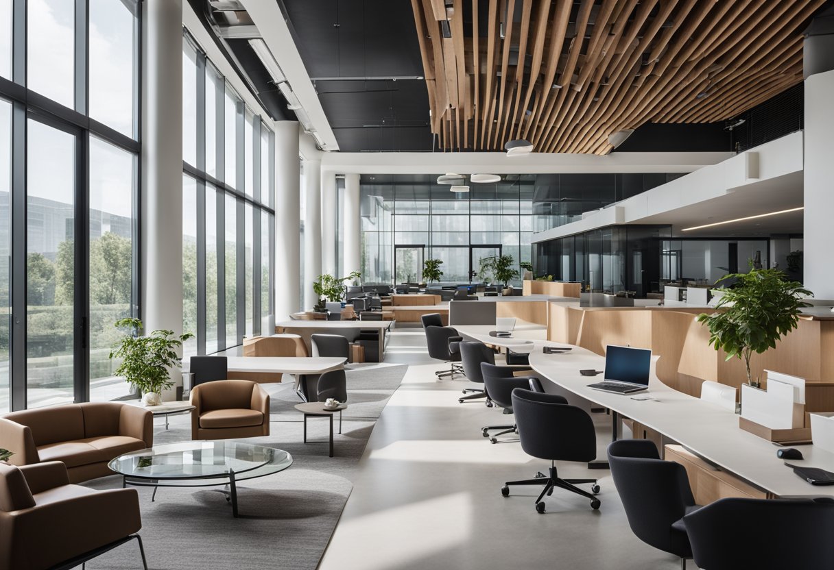 A modern corporate office with sleek furniture, clean lines, and neutral colors. Large windows let in natural light, and a polished reception area welcomes visitors