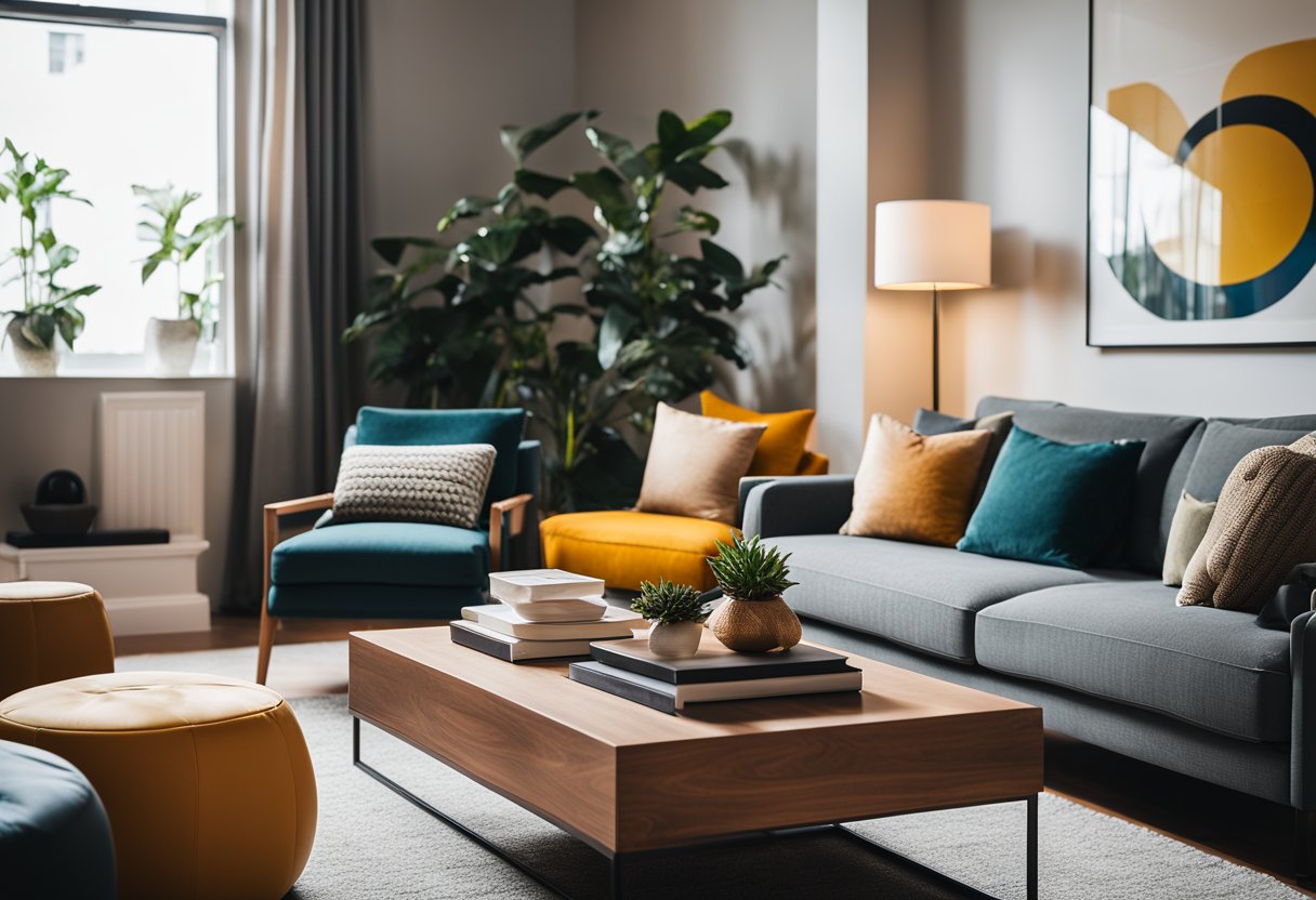 A modern living room with bold colors, clean lines, and natural elements. A cozy reading nook with soft textures and warm lighting. Overall, a harmonious blend of functionality and emotional well-being