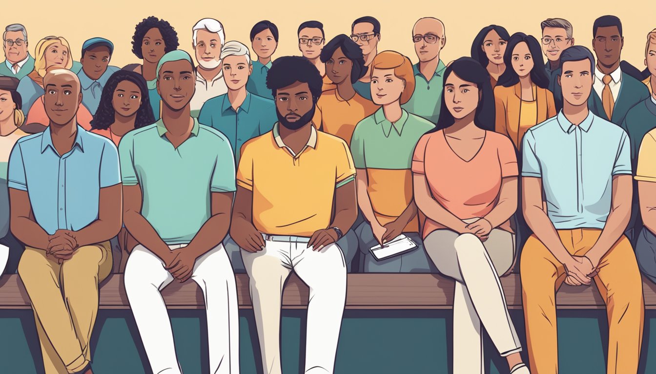 A line of diverse individuals waiting to inquire about personal loans for bad credit at a bank's "Frequently Asked Questions" section