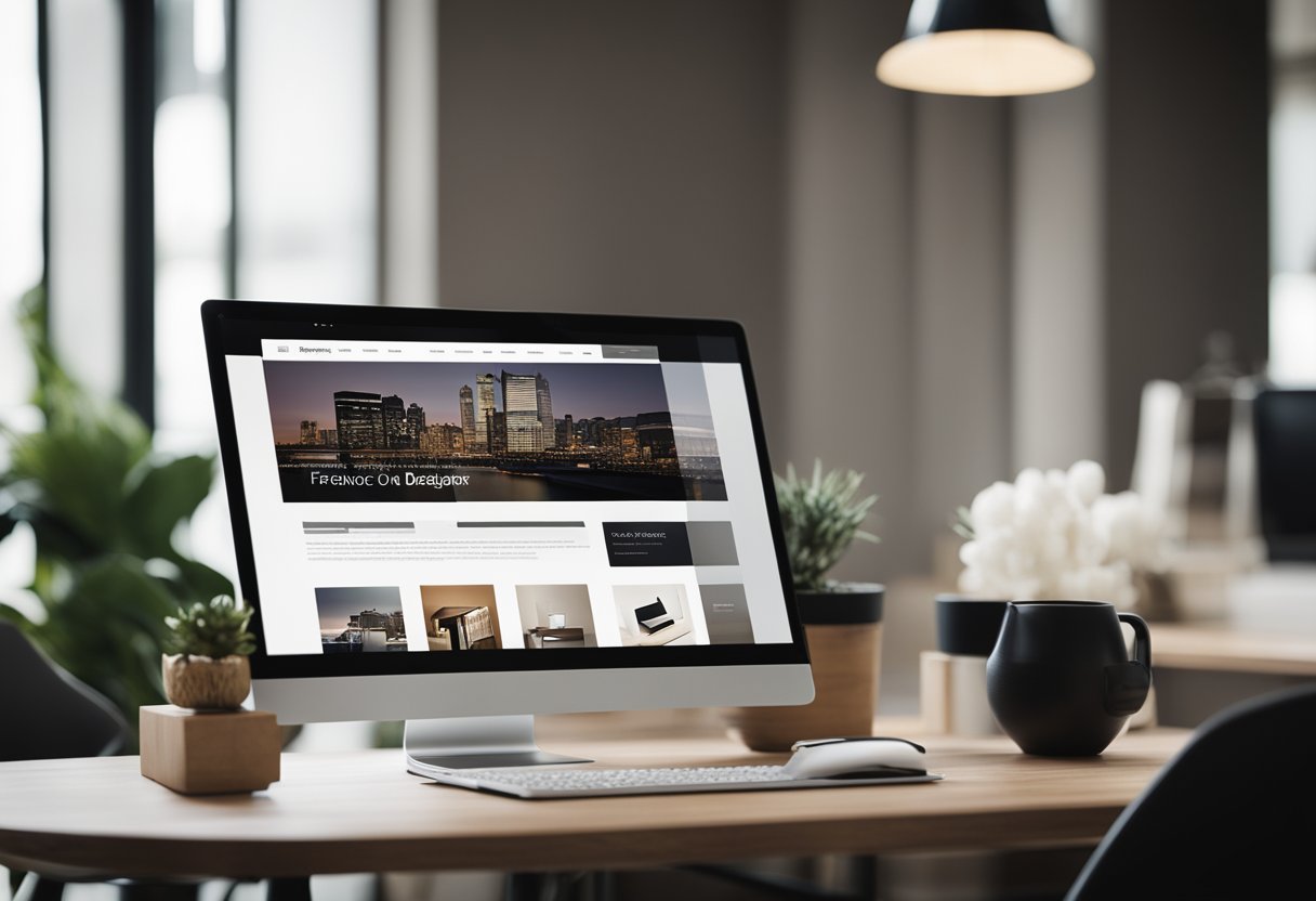 A laptop displaying a sleek and modern freelance interior designer website, with a variety of project images and a clean, professional layout