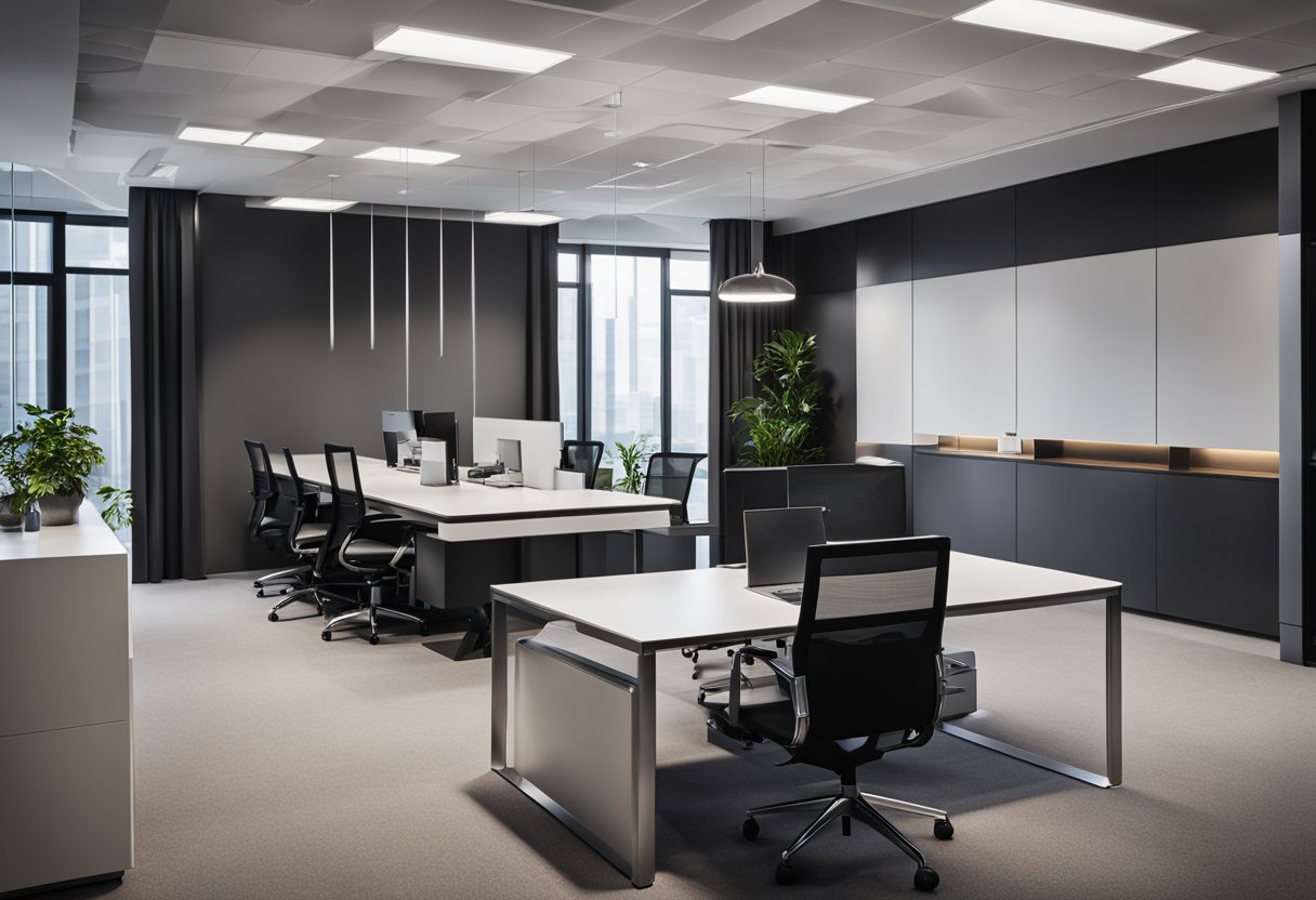 A modern office space with a sleek and minimalist design, featuring a reception area, open workstations, and meeting rooms with contemporary furniture and lighting
