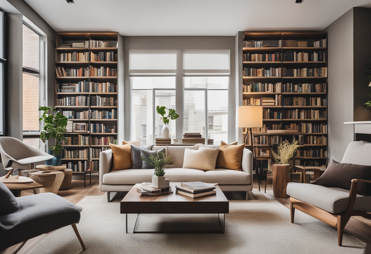 A cozy, modern living room with a bookshelf filled with design and psychology books, a comfortable seating area, and a calming color scheme
