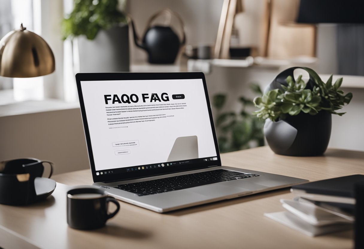 A laptop displaying a FAQ page with interior design related questions, surrounded by a stylish desk, chair, and decor items
