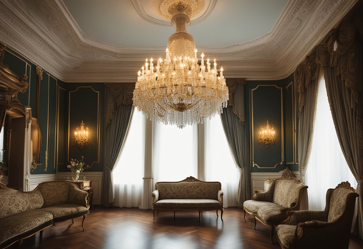 A grand chandelier illuminates a richly decorated parlor with ornate furniture and floral wallpaper, blending traditional Victorian elements with modern elegance
