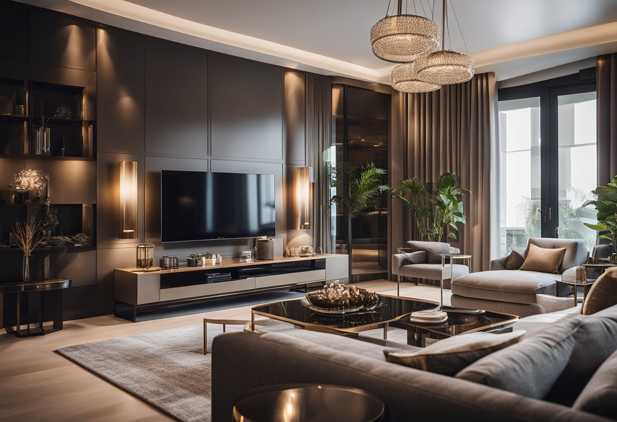 Luxurious living room with modern furniture, elegant lighting, and high-end decor. Rich textures and neutral color palette create a sophisticated ambiance