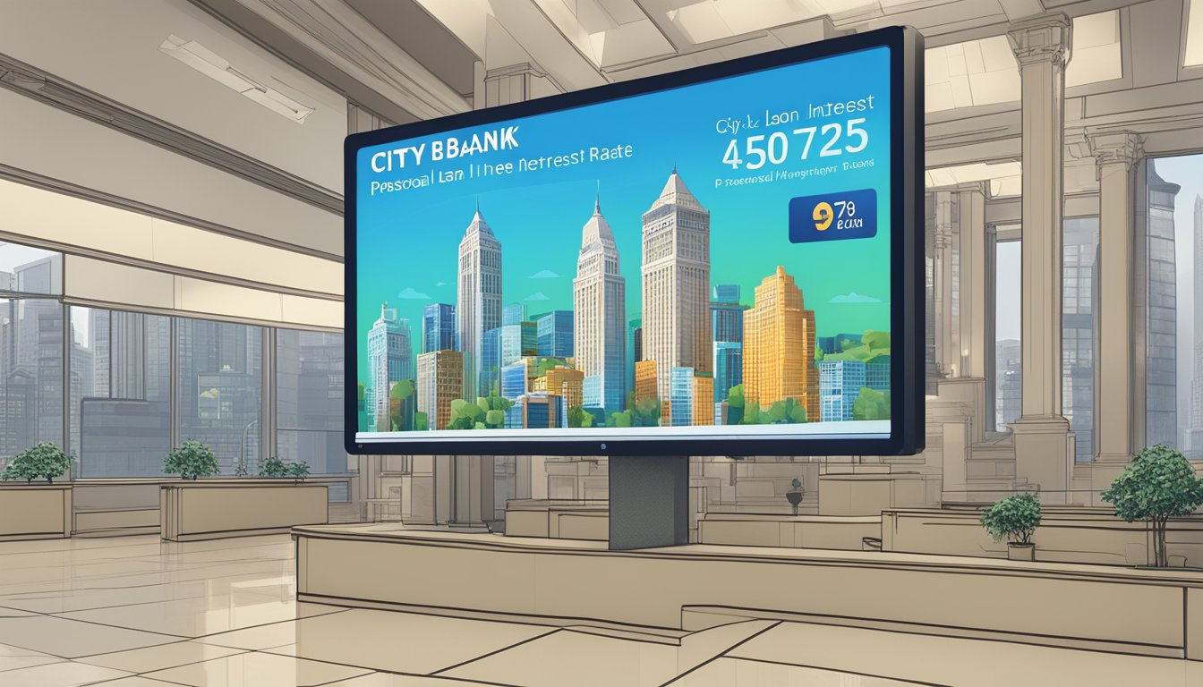 City Bank's personal loan interest rates are displayed on a digital screen with clear numbers and percentages. The bank's logo is prominently featured, and the overall atmosphere is professional and inviting