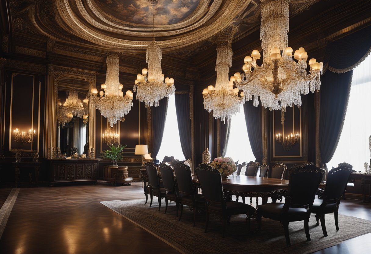 A grand, ornate room with rich, dark wood furniture, intricate floral wallpaper, and opulent chandeliers. Modern Victorian style