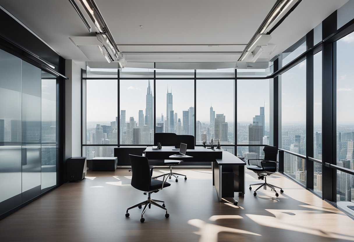 A sleek, modern office space with elegant furniture, minimalist decor, and large windows offering a view of the city skyline