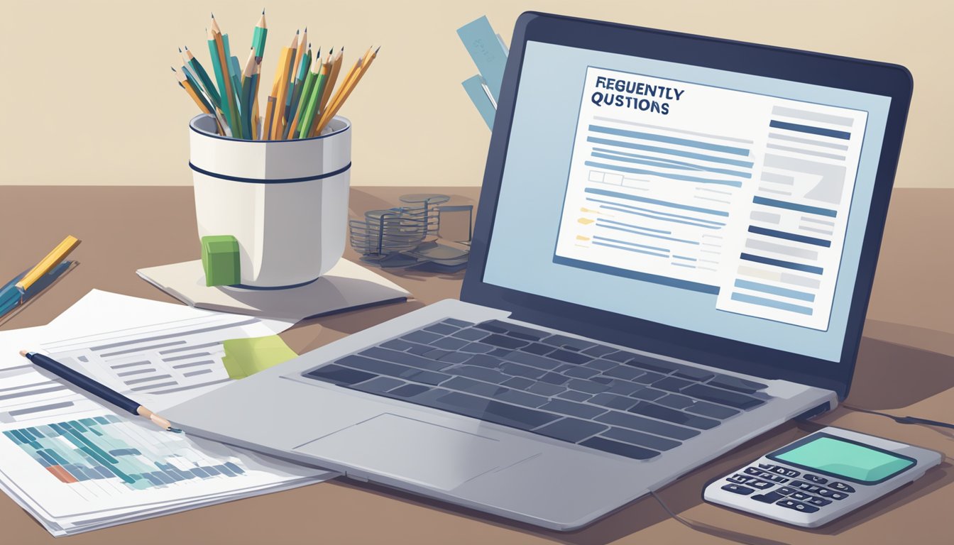 A laptop displaying "Frequently Asked Questions" on a desk with a calculator and paperwork, representing research on Citi personal loan interest rates