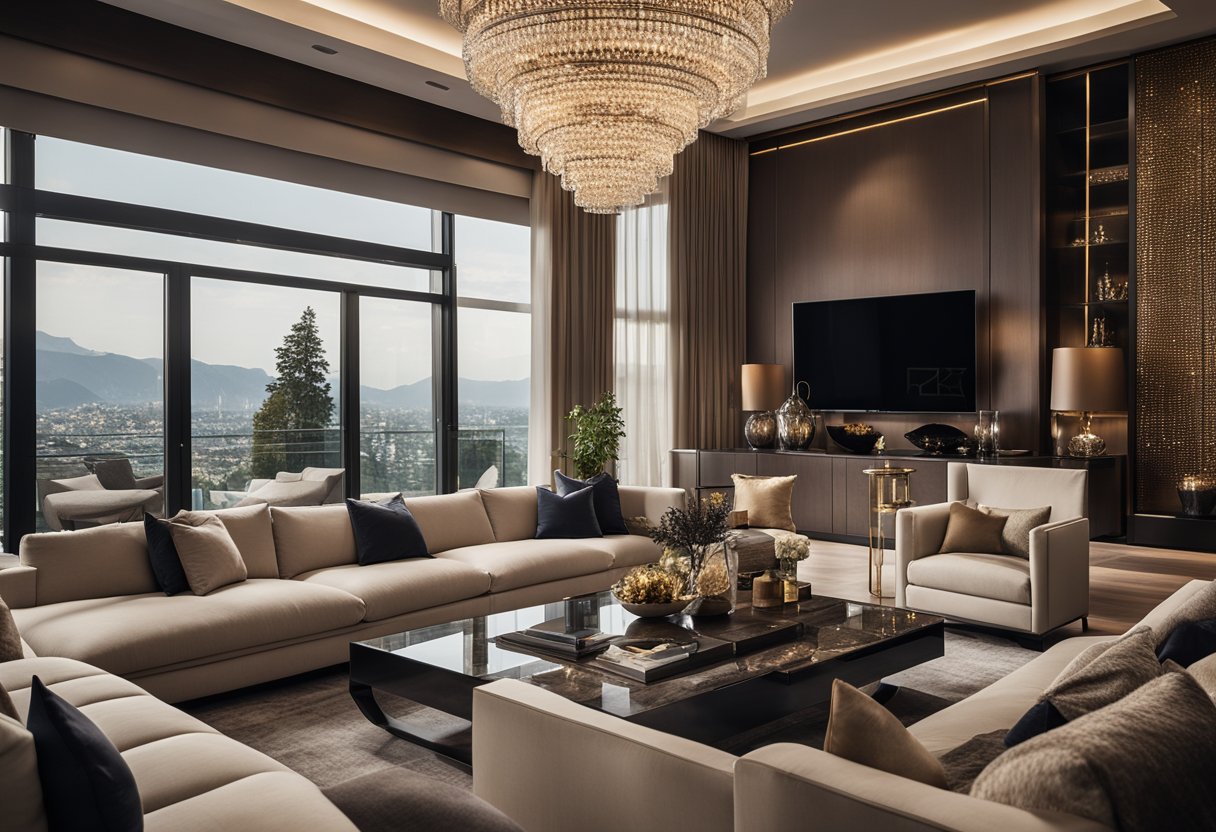 A luxurious living room with modern furniture, elegant lighting, and high-quality materials. A grand chandelier hangs from the ceiling, casting a warm glow over the space. Rich textures and a neutral color palette create a sophisticated atmosphere
