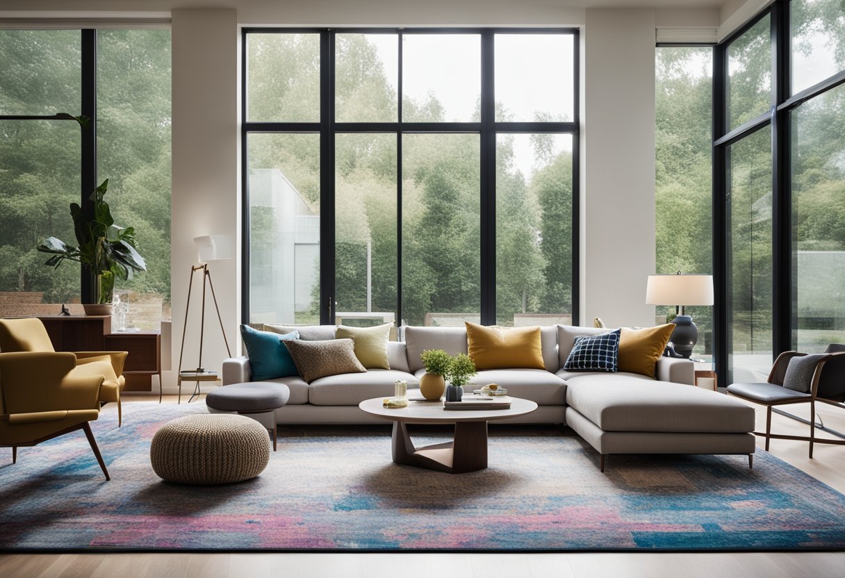 A modern living room with sleek furniture, clean lines, and pops of color. A statement rug anchors the space, while large windows let in natural light