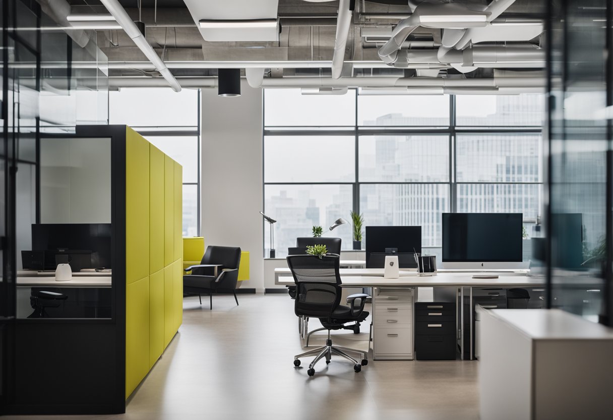A modern office space with sleek furniture, bold colors, and innovative design elements. Clean lines and natural light create a sophisticated yet inviting atmosphere