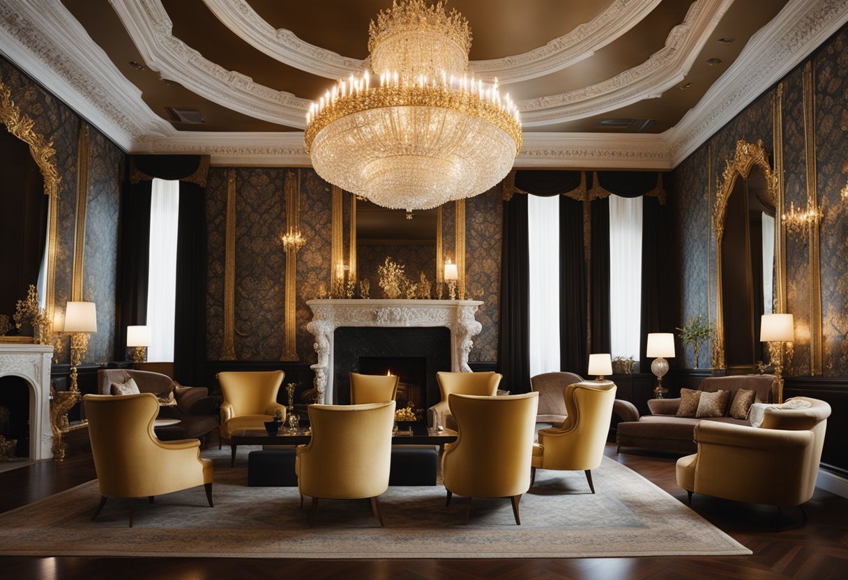A grand chandelier hangs from the ceiling, illuminating the ornate furniture and intricate wallpaper. A fireplace with a marble mantel serves as the focal point, surrounded by plush velvet chairs and gilded mirrors
