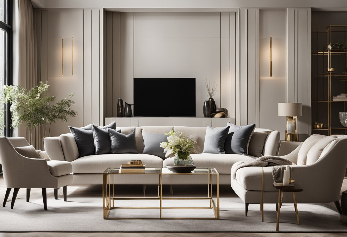 A luxurious living room with modern furniture, elegant decor, and ample natural light. Rich textures and a neutral color palette create a sophisticated and inviting atmosphere
