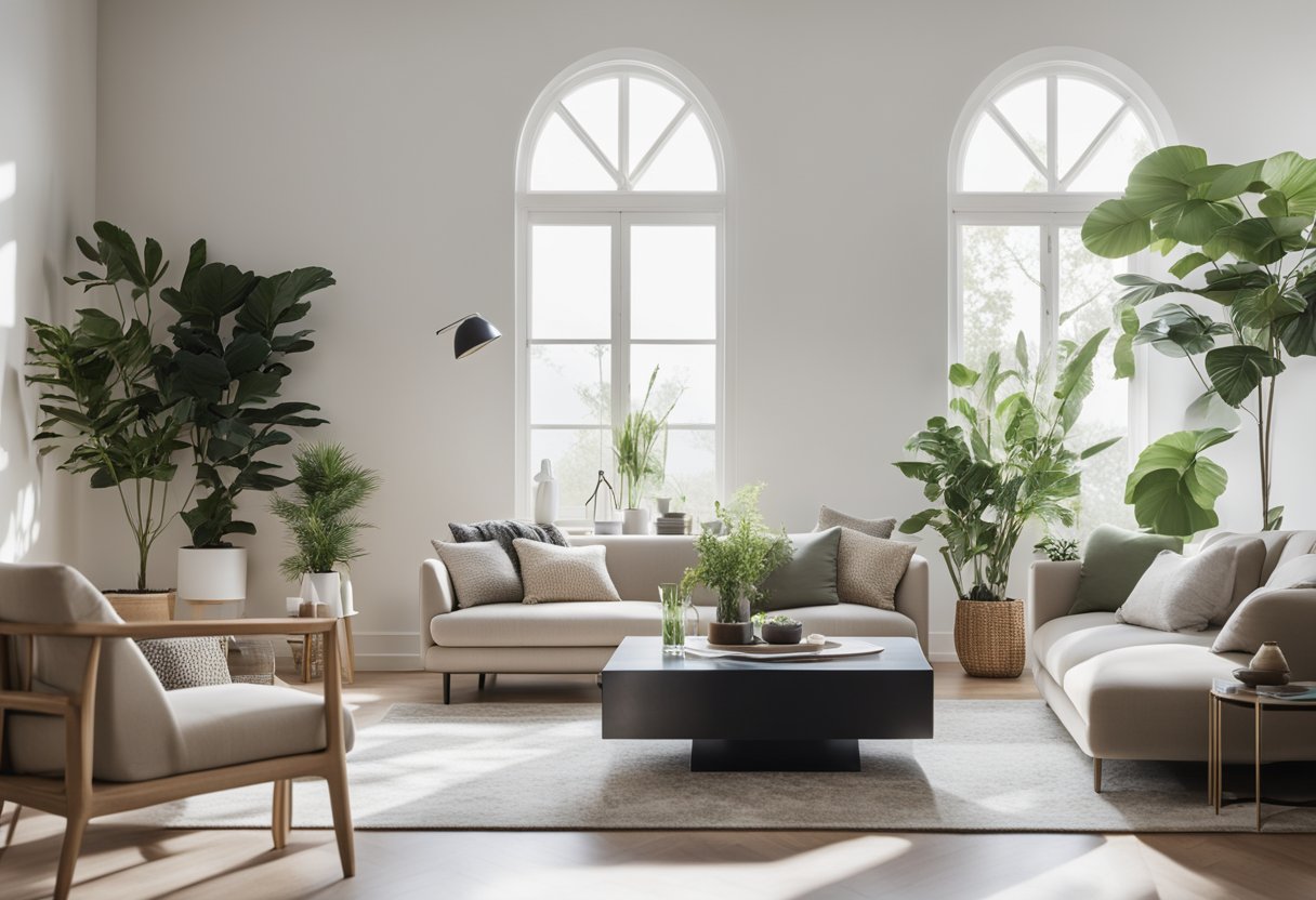 A modern, minimalist living room with sleek furniture, neutral colors, and pops of greenery. The space is flooded with natural light from large windows, creating a bright and airy atmosphere