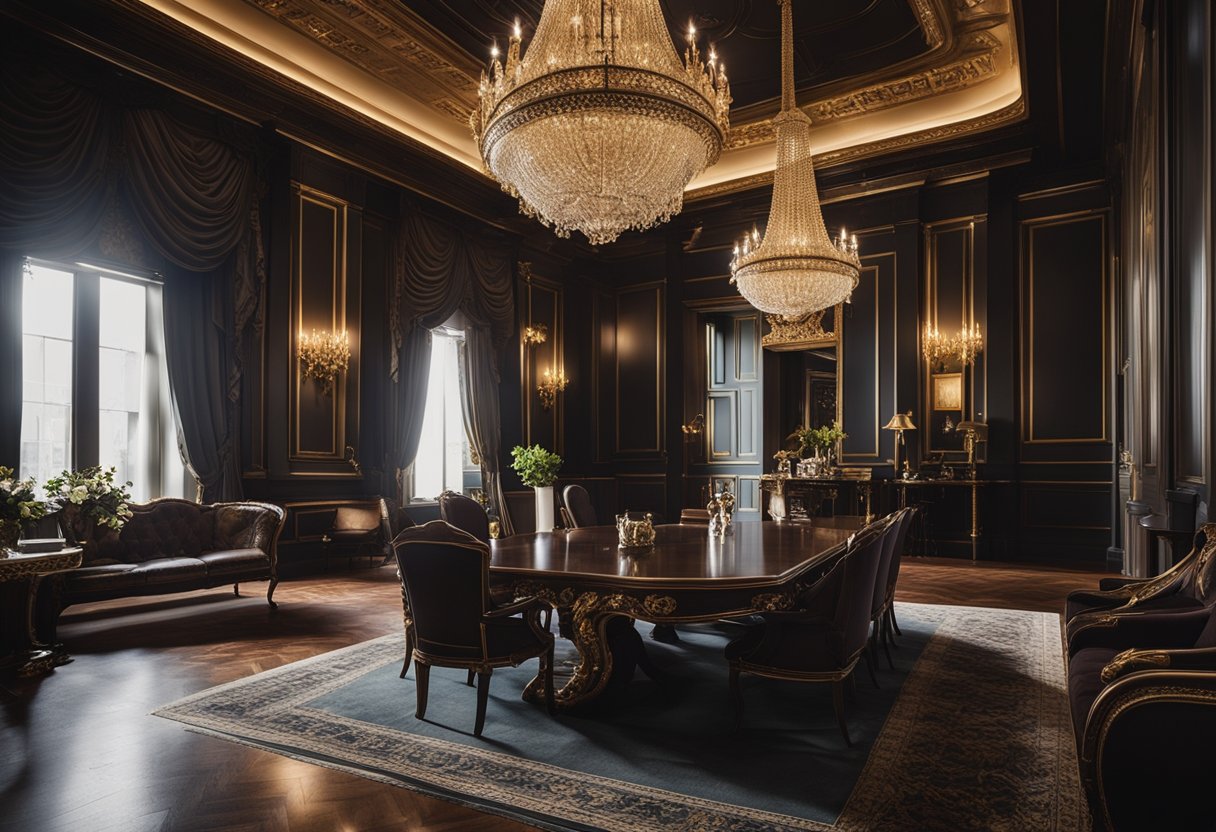 A grand, ornate room with high ceilings, intricate moldings, and elegant furniture. Rich, dark colors and luxurious fabrics create a sense of opulence and sophistication