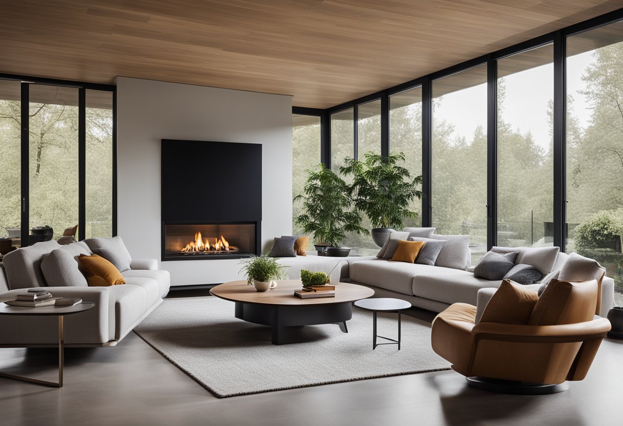 A modern living room with minimalist furniture, clean lines, and a pop of color. Large windows let in natural light, and a cozy fireplace adds warmth to the space