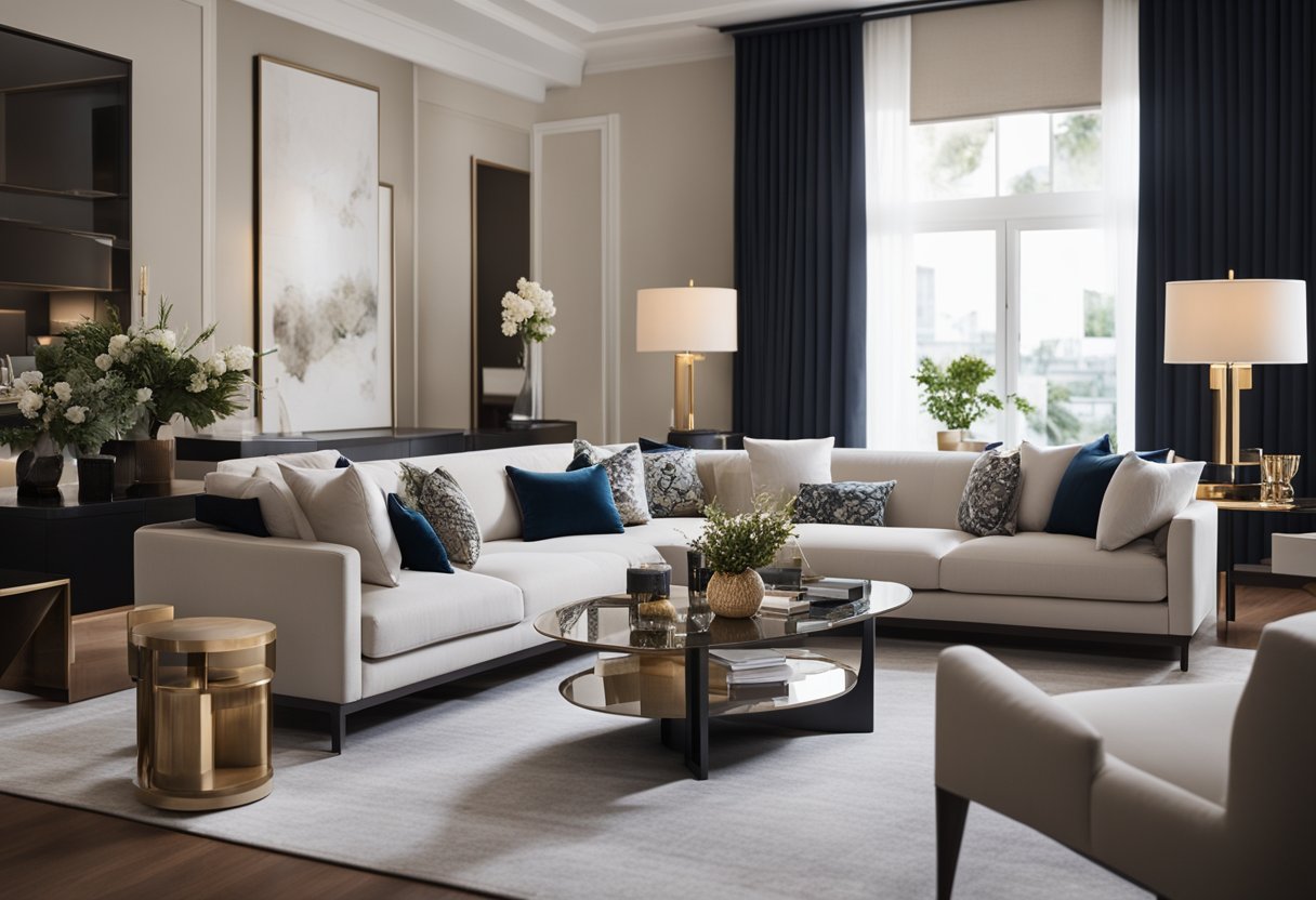 A luxurious living room with modern furniture and elegant decor. A designer consults with a client, showcasing samples and discussing plans