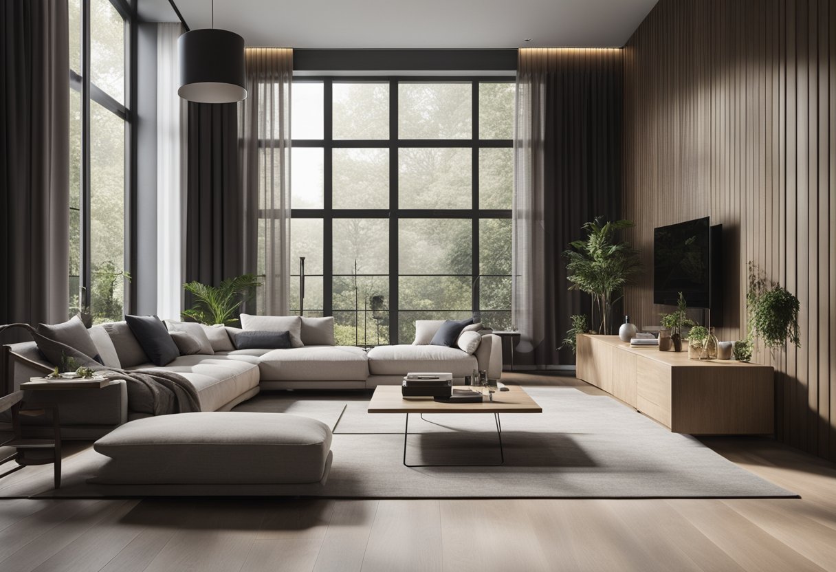 A spacious living room with modern furniture and large windows, casting natural light on the sleek, minimalist design