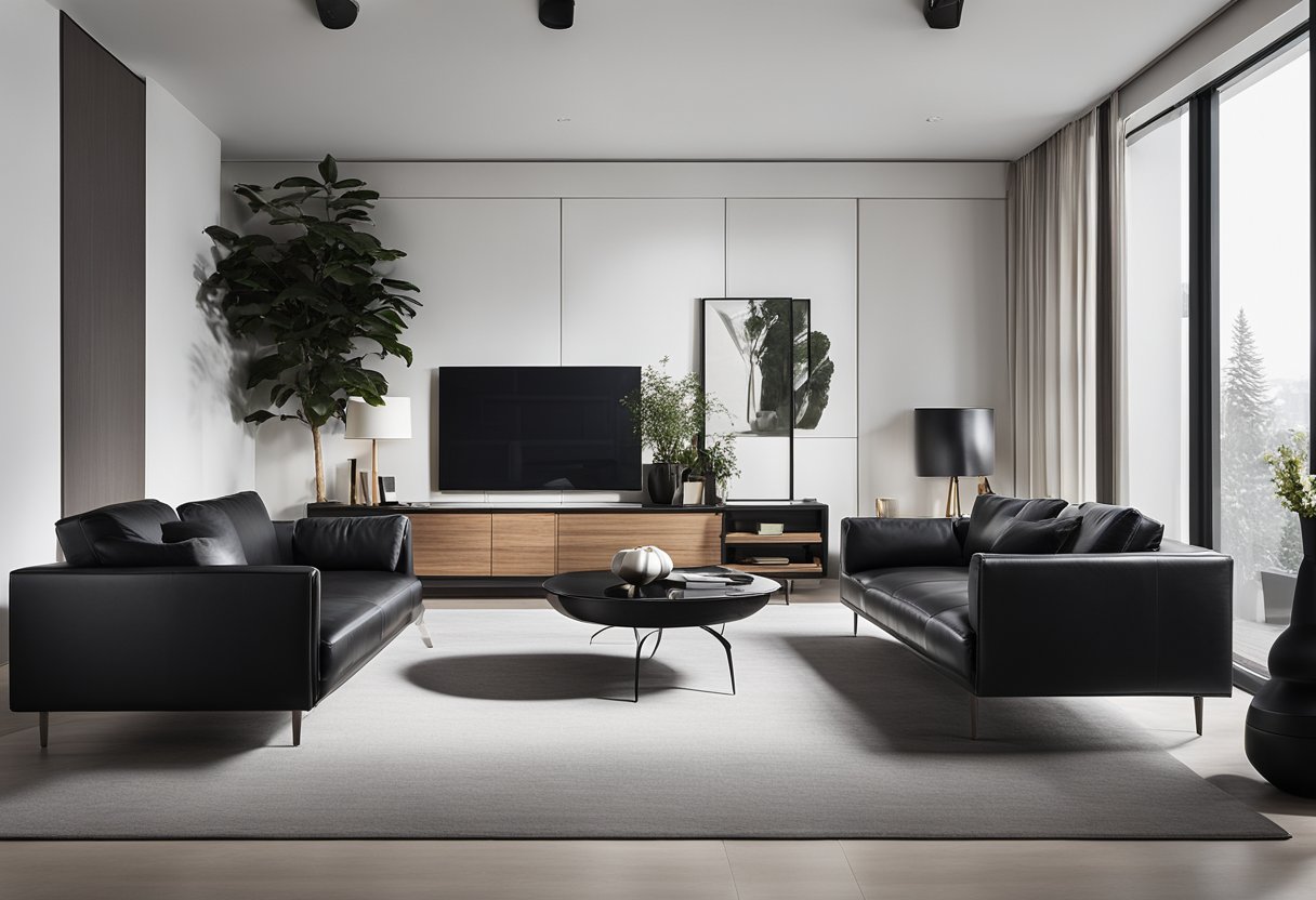 A modern living room with sleek, black leather furniture against a backdrop of white walls and minimalist decor. The room is flooded with natural light, creating a striking contrast between dark and light elements
