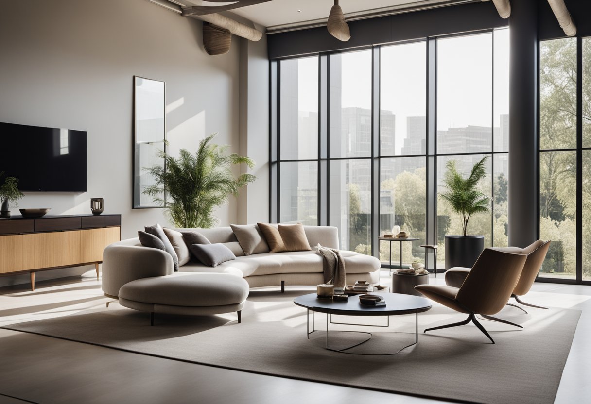 A sleek, minimalist living room with clean lines, neutral colors, and a mix of modern and vintage furniture. Large windows let in natural light, highlighting the elegant and sophisticated design