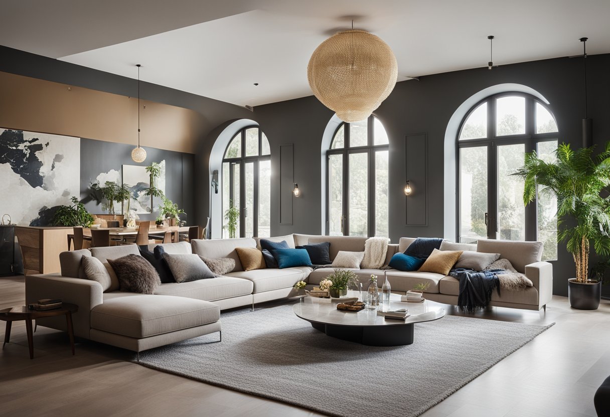 A living room with modern furniture, large windows, and a high ceiling. The room is well-lit and features a mix of textures and colors