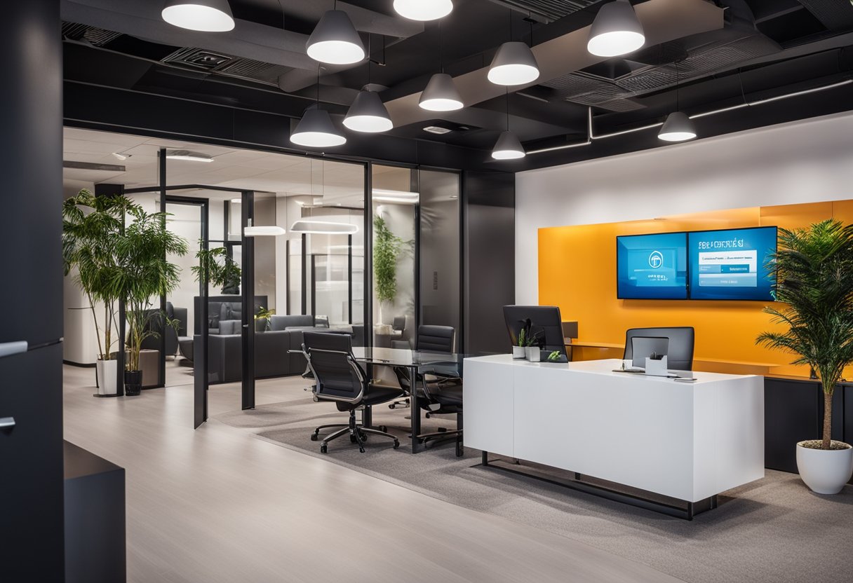 A modern office with sleek furniture, a vibrant color palette, and a welcoming reception area. The company logo prominently displayed on the wall