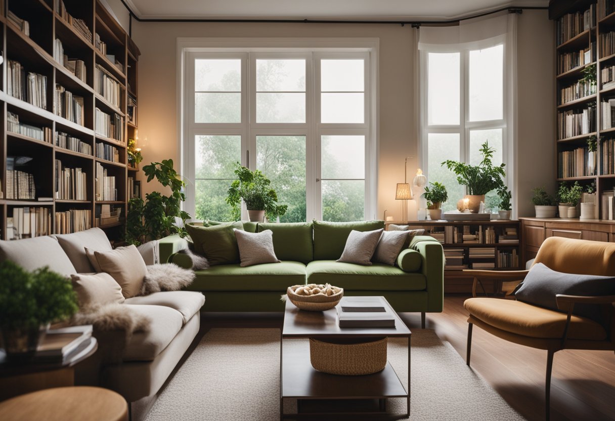 A cozy living room with a fireplace, plush sofas, and warm lighting. A bookshelf filled with books and decorative items. A large window overlooking a green garden