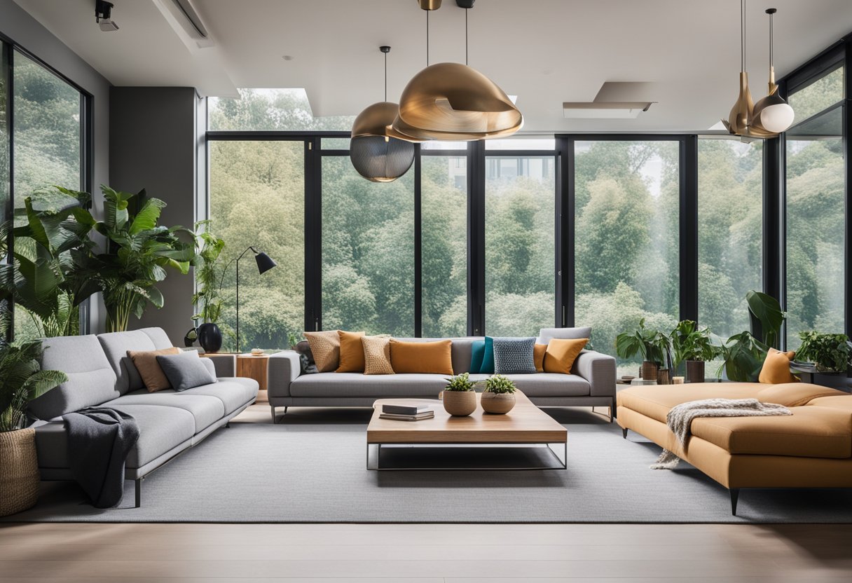 A modern living room with sleek furniture and pops of color, accented by natural light from large windows