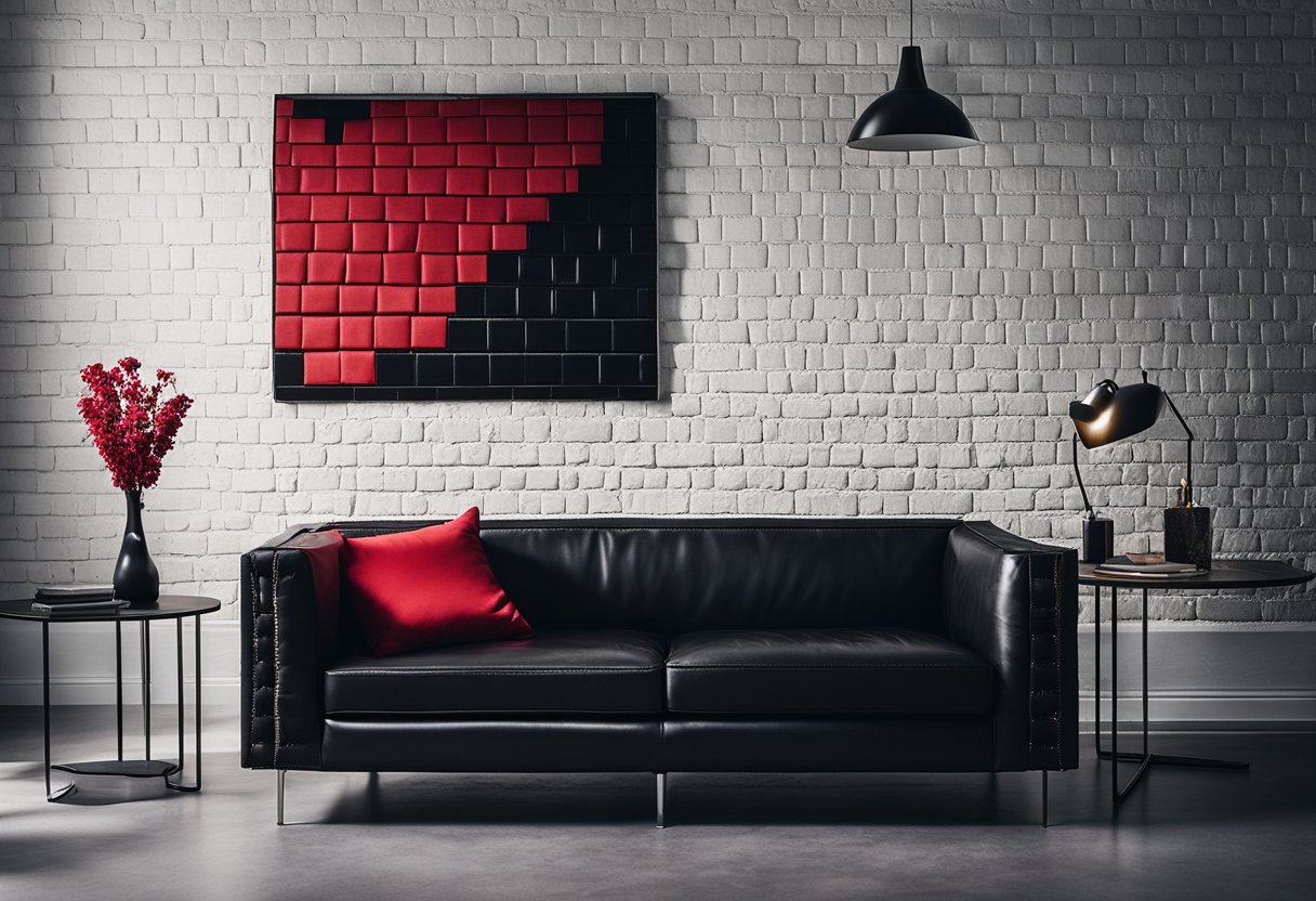 A dark leather sofa sits against a white brick wall, accented by a bold red throw pillow. A sleek black coffee table with chrome legs adds to the modern aesthetic