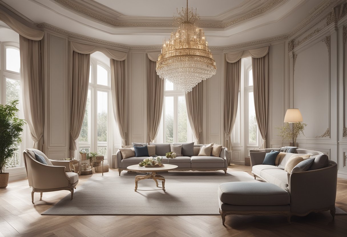 A spacious room with ornate moldings, elegant furniture, and soft color palette. Large windows allow natural light to fill the space, highlighting the intricate details of the design