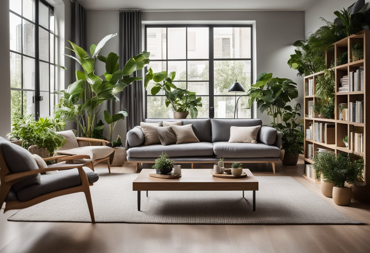 A cozy living room with a modern sofa, coffee table, and plants. A large window lets in natural light, and a bookshelf lines one wall