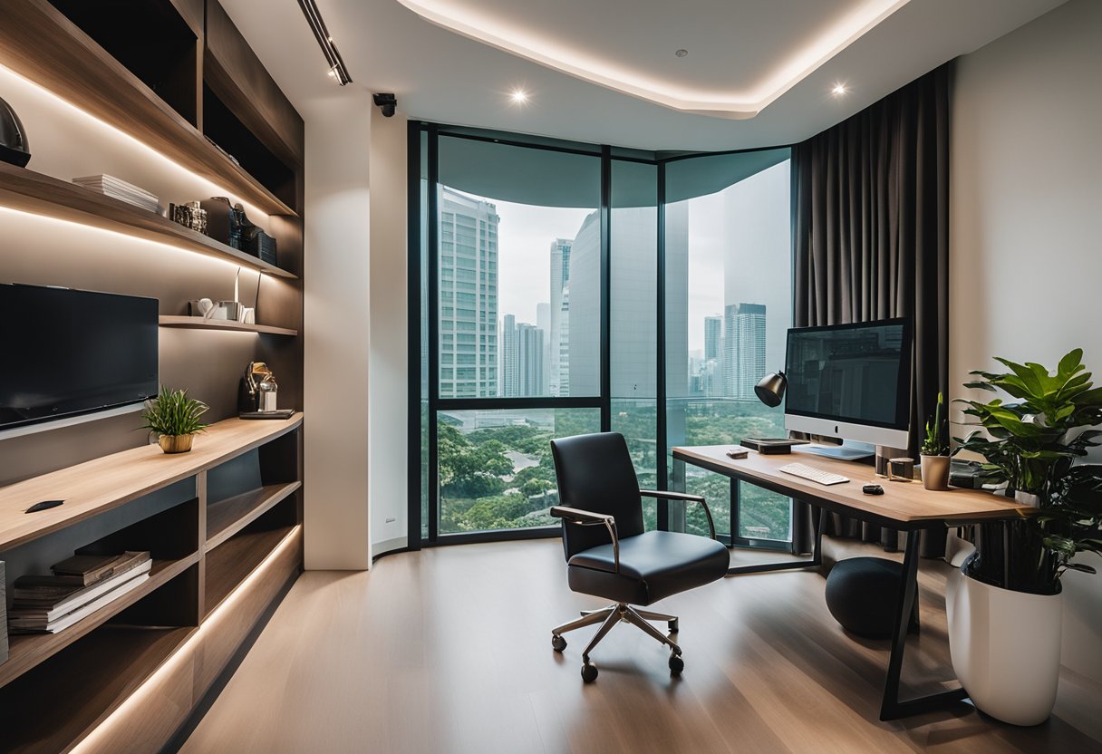 A stylish home office in Singapore, with a sleek desk, modern furniture, and vibrant decor, symbolizing the thriving freelance interior design industry in the city