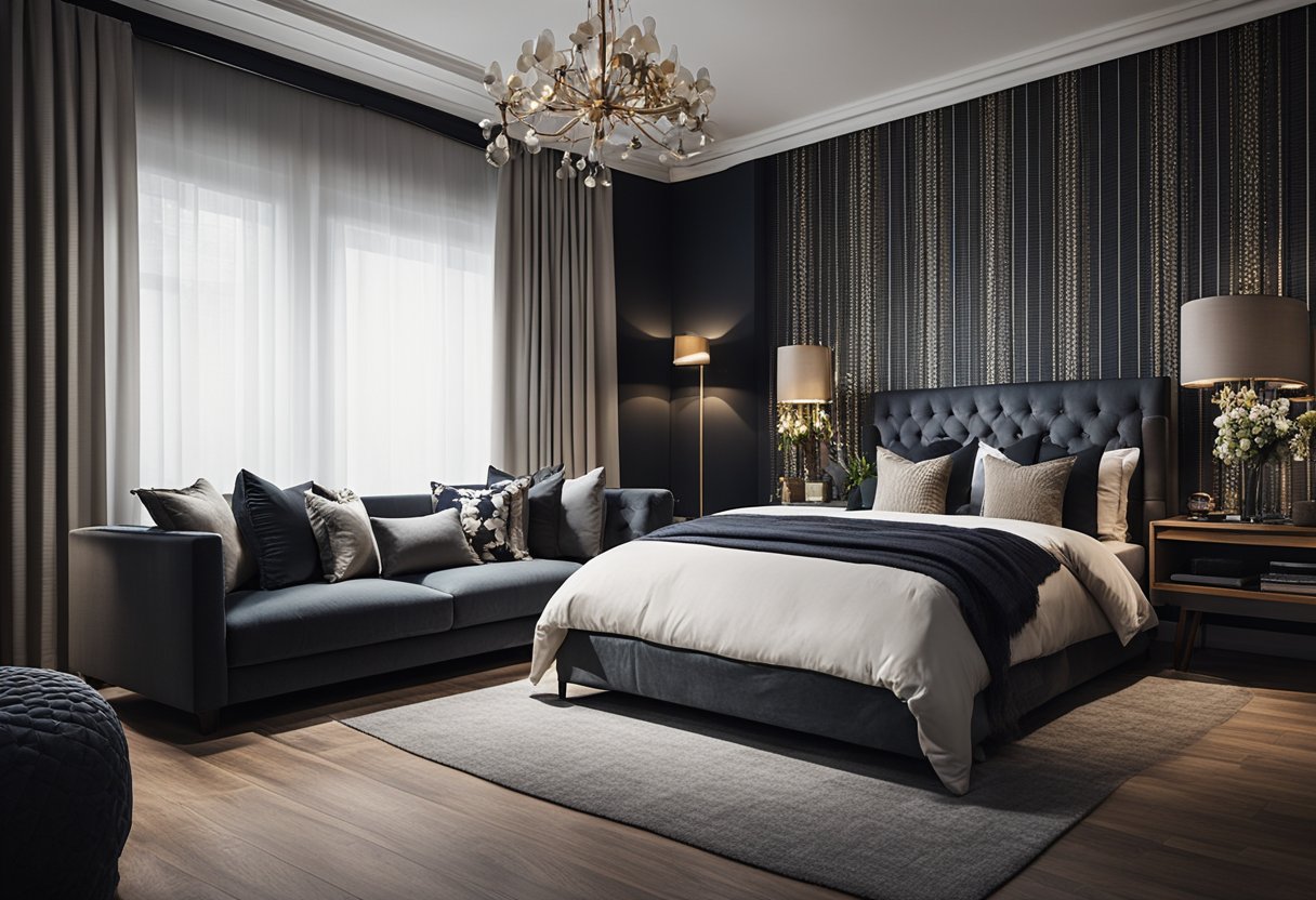 A room with dark walls and light furniture, using contrasting textures like smooth and rough surfaces. Bold patterns on soft furnishings add visual interest
