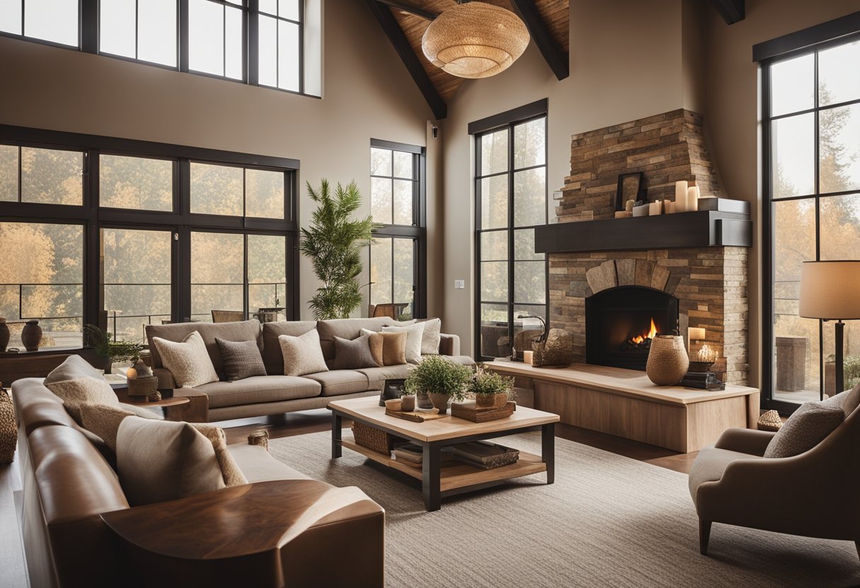 A cozy living room with a fireplace, large windows, and comfortable seating. Warm earthy tones and natural materials create a welcoming atmosphere