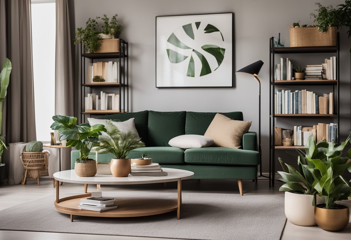 A modern living room with a cozy sofa, stylish coffee table, and vibrant wall art. A bookshelf filled with design books and a potted plant add to the inviting atmosphere