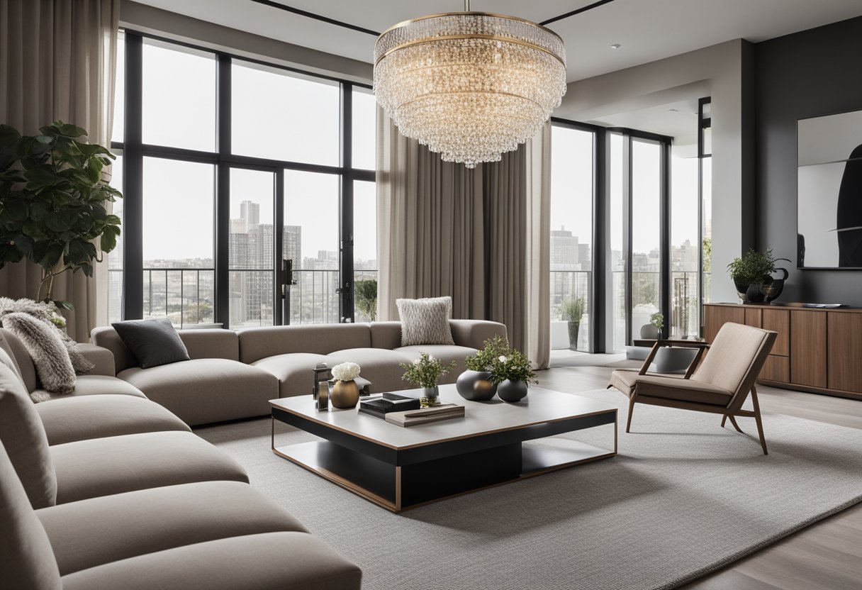 A sleek, minimalistic living room with clean lines, neutral colors, and pops of bold accents. A large, statement chandelier hangs from the ceiling, illuminating the space