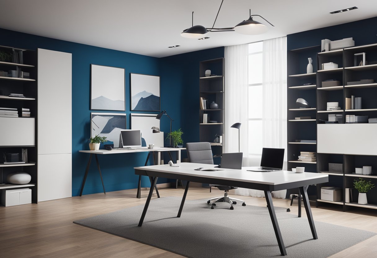 A spacious, well-lit room with modern furniture and vibrant accent colors. Blueprints and fabric swatches are spread out on a sleek, minimalist desk