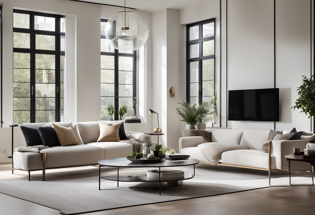 A sleek, minimalist living room with clean lines, neutral colors, and pops of bold accent pieces. A large window lets in natural light, illuminating the space