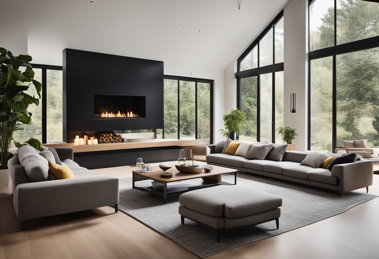 A spacious, modern living room with high ceilings, large windows, and a cozy fireplace. The room is filled with natural light and comfortable furniture, creating a warm and inviting atmosphere