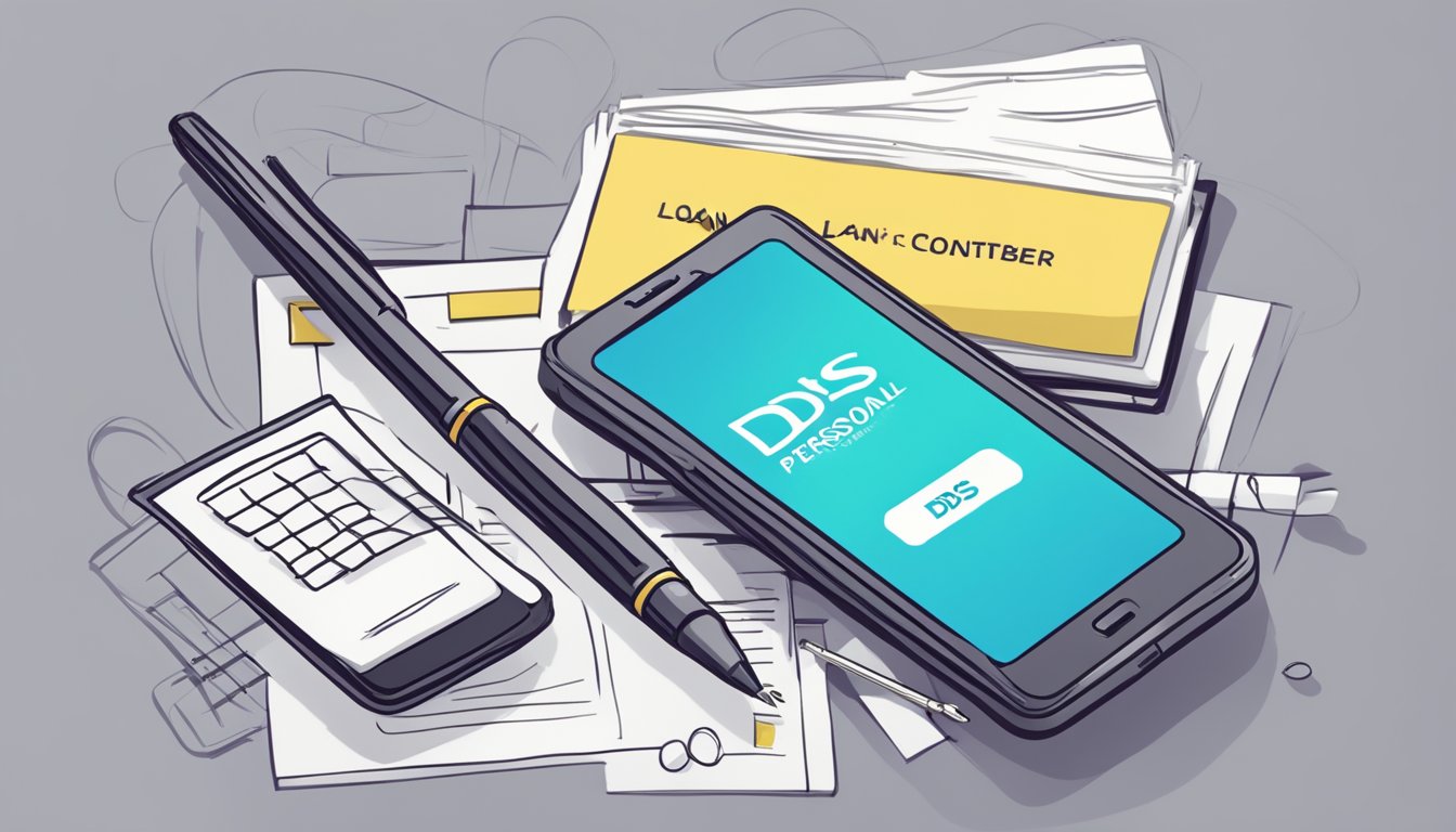 A phone with the DBS logo on the screen, surrounded by a notepad and pen, with the words "DBS Personal Loan Contact Number" written on the notepad