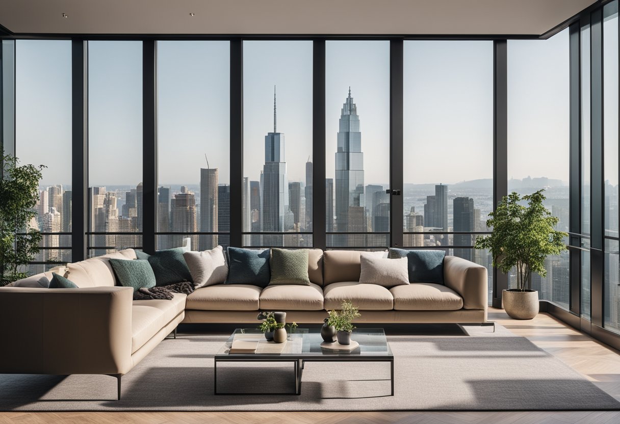 A modern living room with a sleek sofa, coffee table, and floor-to-ceiling windows overlooking a city skyline. A minimalist color palette with pops of greenery and metallic accents