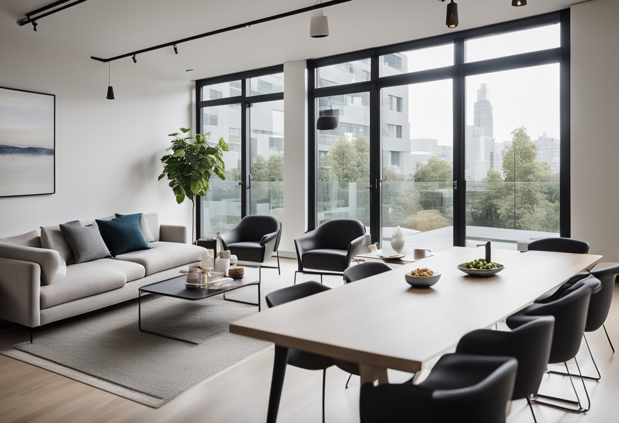 A modern, open-concept interior with sleek, minimalist furniture and large windows allowing natural light to flood the space. Multiple rooms flow seamlessly together, creating a sense of spaciousness and functionality