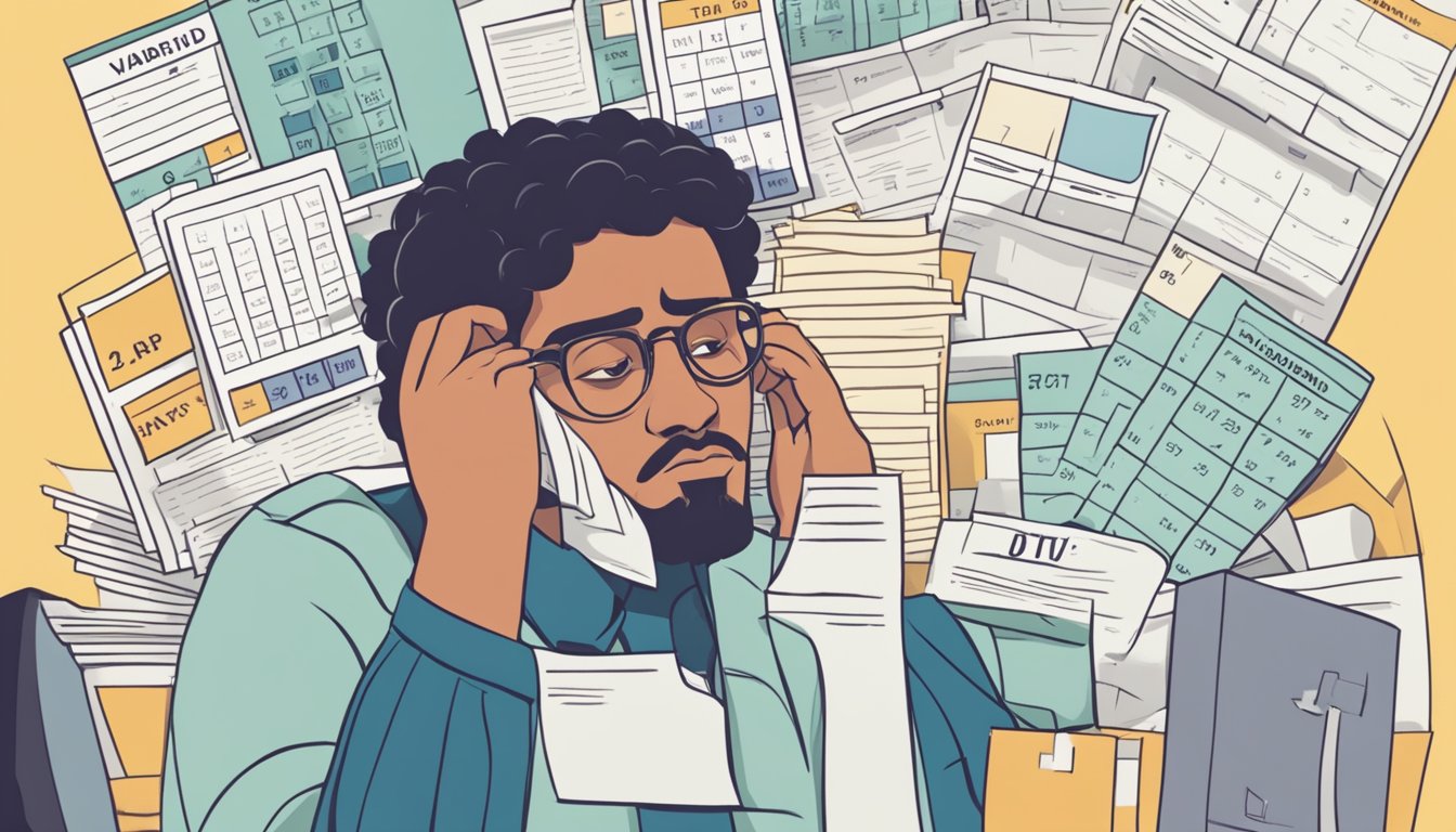 A stack of unpaid bills next to a calendar with multiple past due dates, a worried expression on a person's face