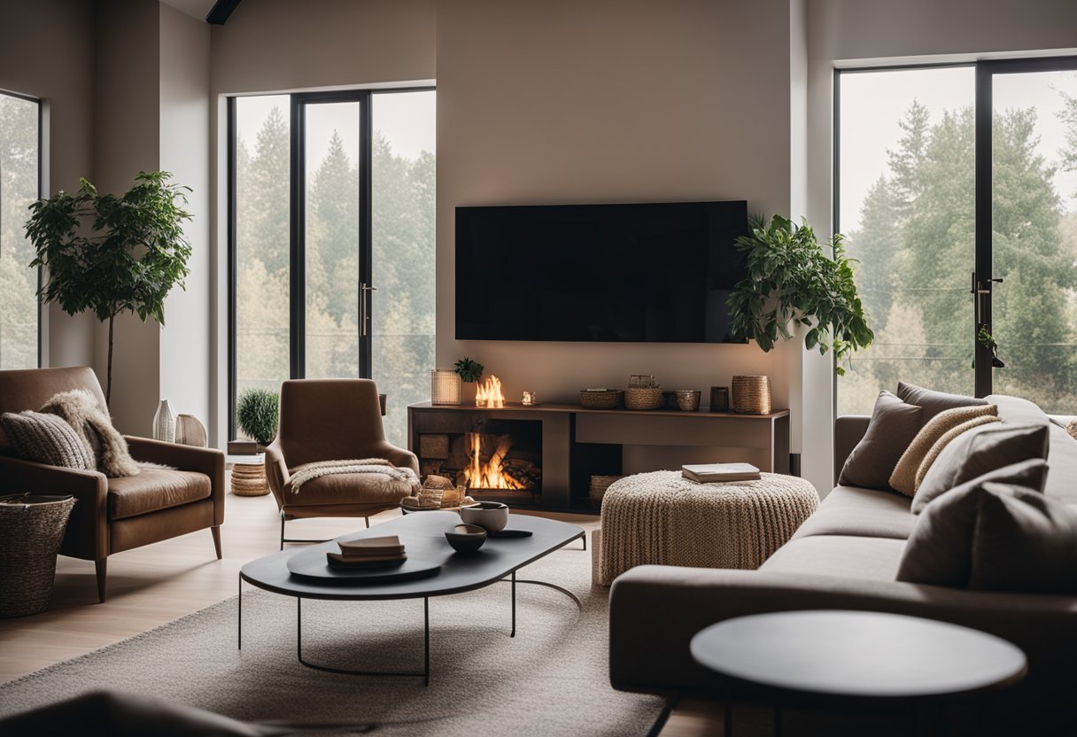 A cozy living room with a fireplace, comfortable seating, and a large window with natural light streaming in
